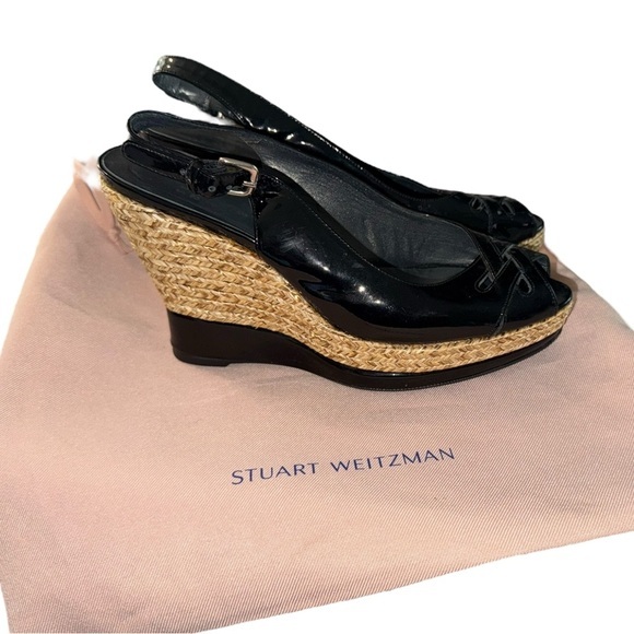 Stuart Weitzman Dolunch Patent Espadrille Wedge Sandal Black Peep Toe & Bag - Picture 1 of 16